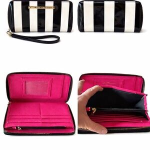 Betsey Johnson Black White Striped Patent Zip Around Wallet Wristlet